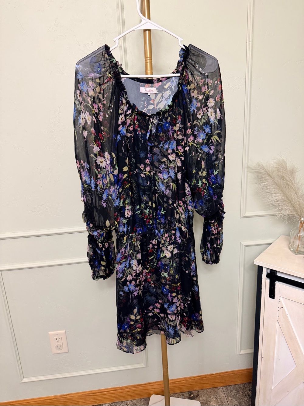 Parker Black Floral Long-Sleeve Ruffle Dress MSRP $168 - Picture 2 of 5